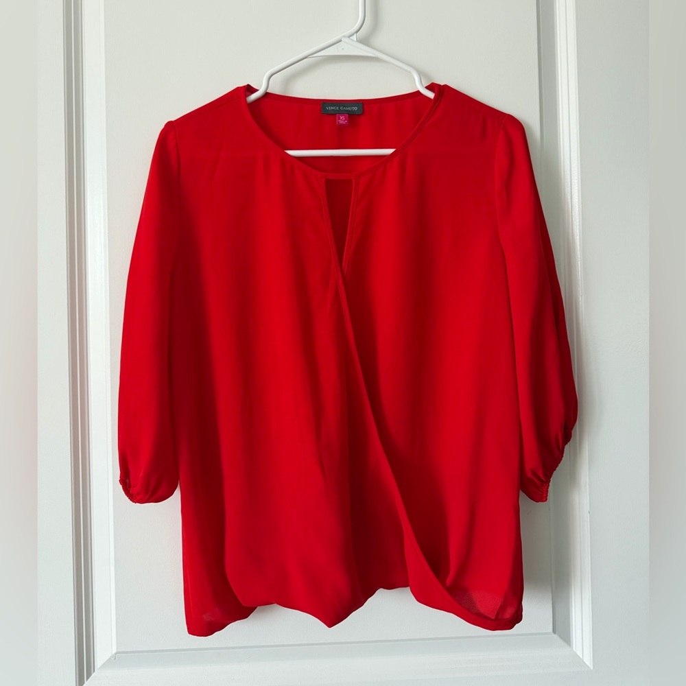Vince Camuto Red Draped Front Split-Neck Blouse